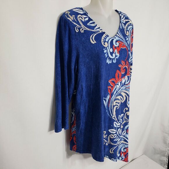 Chico's Womens Top Size 0 Small Tunic Boheme Scrolls Asymmetrical V Neck 3/4 Slv - Picture 6 of 10